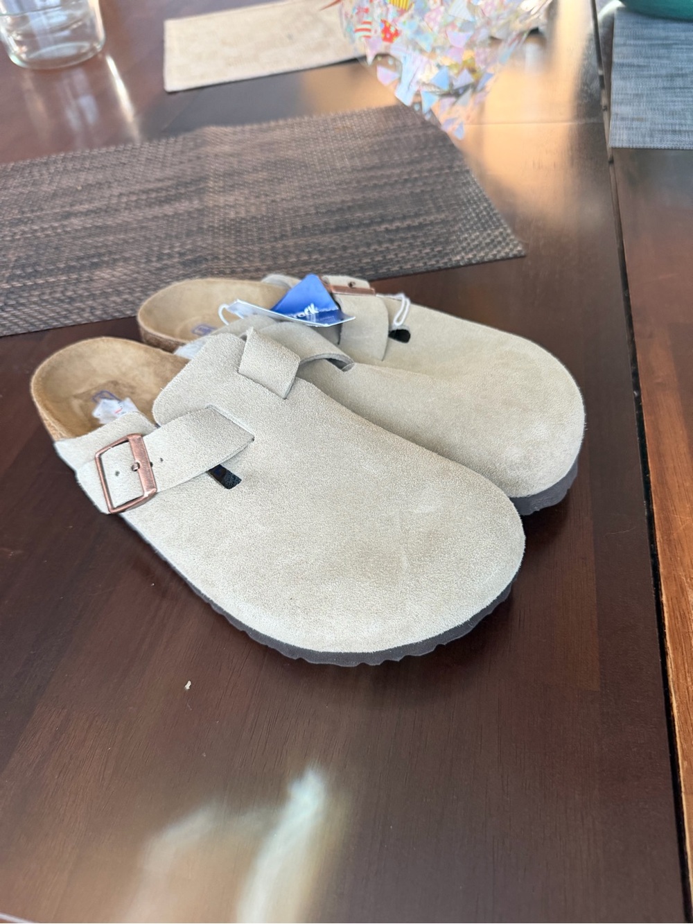 Birkenstock Men's Suede Clog Sandals in Light Beige with Copper Buckle